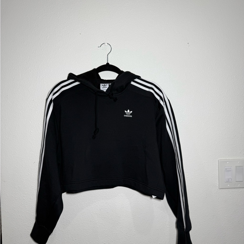 Adidas Cropped Black Hoodie 3 Stripe Trefoil Logo | XS | Athleisure Sweatshirt - Picture 2 of 7